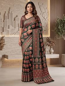 Artisan Ajrak Print Crap Silk <b>Saree</b> With Real Mirror Handwork Unstitched Blouse Festive Wedding Traditional Regional Clothing - Product Image 3