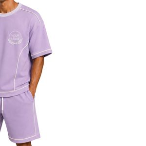 Ensemble T-shirt et short oversize pour homme Lilac avec passepoil contrastant beige, logo personnalisé, col rond, style streetwear décontracté, fabricant en gros - Product Image 4