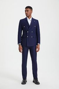 Men Double Breasted Navy Blue <b>Wool</b> Blend Suit Jacket <b>Pants</b> Set Business Formal Wear Anti-Wrinkle Notched Collar - Product Image 3