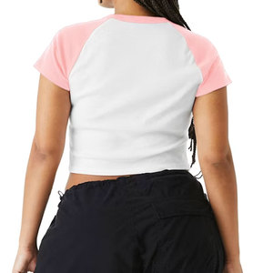 Camiseta Corta para Mujer, Lisa, de Color Sólido, Manga Corta, Cuello Redondo, Tejido Acanalado, Elástica, Informal para Uso Diario - Product Image 4