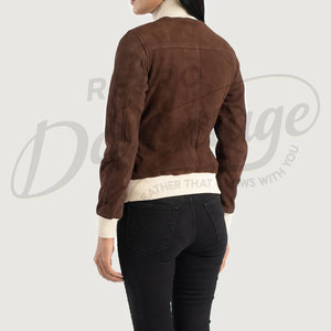 Women Dark Brown Genuine <b>Suede</b> Leather Bomber <b>Jacket</b> Cream Ribbed Trim Slim Fit Premium Goat <b>Suede</b> Casual Winter Outerwear Fashi - Product Image 2