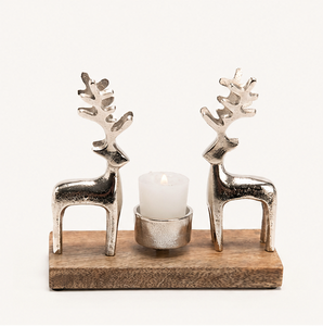 Handmade Silver Metal Reindeer Tealight Candle Holder With Natural Mango Wood Base For Christmas Home Decoration & Festive Table - Product Image 2