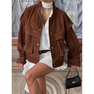 แจ็คเก็ตหนังกลับทรงสลิมฟิตสำหรับผู้หญิงแบบสั่งทำพิเศษสำหรับฤดูหนาว แจ็คเก็ตหนังกลับคอตั้งแบบมีซิป - Product Image 4