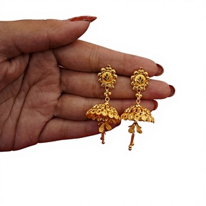 22k <b>Solid</b> Gold Jhumka Earrings for Women Authentic Yellow Gold Leaf Pattern Stud Bell Drop Indian Traditional Jewelry - Product Image 2