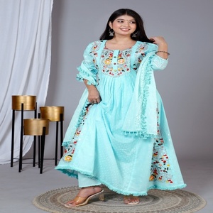 Elegante Conjunto de Kurta Anarkali de Algodón Azul Agua con Bordado Intrincado y Dupatta para Bodas, Playa, Festividades, Estilo Étnico - Product Image 2