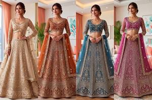 Ensemble Lehenga Moderne Beige Brodé Longueur Ras du Sol Infroissable avec Dupatta en Tulle et Blouse Col V – Tenue Lehenga pour Mariage et Banquet - Product Image 5