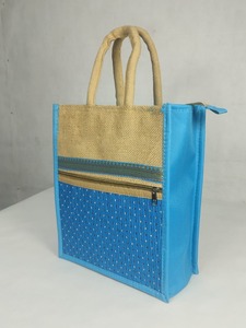 Eco Friendly Jute Canvas <b>Tote</b> <b>Shopping</b> <b>Bag</b> Zipper Front Pocket Decorative Woven Pattern Reusable Natural Jute Wedding Rope - Product Image 2