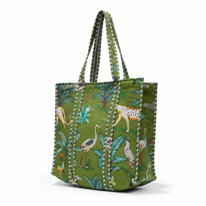 Sac fourre-tout matelassé en coton, imprimé indien au bloc, vert olive, motif jungle safari, grande capacité pour femme, Saint-Valentin, vente en gros - Product Image 1