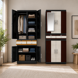 Naiba Drawer Fit Plastic <b>Wardrobe</b> Cabinet Dark Brown Drawer, Shelves, Hanger & Mirror for Clothing Storage Bedroom Furniture - Product Image 1