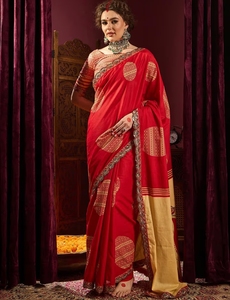 KV Women's Cotton <b>Red</b> Embellished Designer Saree With Unstitched <b>Blouse</b> - Product Image 1
