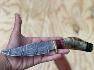 Damascus Fixed Blade Hunting <b>Knife</b> Drop Point Bevel Edge <b>Bone</b> <b>Handle</b> with Leather Sheath - Product Image 2