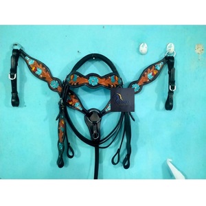 Ensemble de têtière et de collier de poitrine en cuir noir pour cheval, motif floral turquoise peint à la main, équipement équestre western - Product Image 3