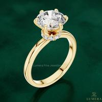 Bague solitaire en diamant rond cultivé en laboratoire, sertie de 6 griffes sécurisées avec halo caché et bande en or massif, cadeau d'anniversaire