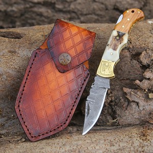 UA Supplies Hand Engraved Eagle Brass Accent Damascus Steel Back <b>Lock</b> Folding Pocket Knife Luxury Handmade EDC Hunting - Product Image 1
