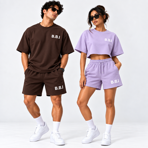 Conjuntos de camiseta y pantalones cortos de streetwear personalizados para parejas, camiseta azul verdoso extragrande para hombre, pantalones cortos, camiseta corta lila morada para mujer, conjunto de pantalones cortos. - Product Image 5