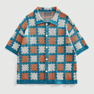 Camisa de Playa Casual de Manga Corta con Botones para Hombre, Tejida en Algodón Transpirable, con Diseño de Cuadrados Granny Vintage, la Más Vendida de 2026 - Product Image 1