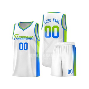 Conjunto de Uniforme de Baloncesto Sublimado Personalizado, Degradado Azul Naranja, Cuello en V, Sin Mangas, Malla, Unisex, para Adultos - Product Image 3