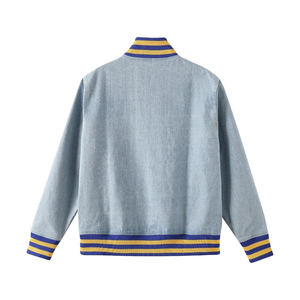แจ็คเก็ตยีนส์ Sigma Gamma Rho แบบ Bomber สีน้ำเงินสั่งทำพิเศษ เสื้อแจ็คเก็ตยีนส์ลำลองสไตล์สตรีทแวร์ พร้อมปลายแขนและชายเสื้อแบบริบ OEM ODM - Product Image 3