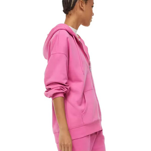 Women Pink Hooded Zip-Up Sweatshirt Full Sleeve Solid Color Casual Loose Fit 100% Cotton Autumn Streetwear <b>Tracksuit</b> Top - Product Image 4