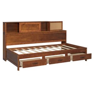 Divano letto singolo in legno di noce con 3 cassetti contenitore, ripiano superiore morbido e set di prese e porte USB - Product Image 6