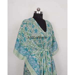 Robe Kaftan Midi Femme 100% Coton Faite à la Main, Col V, Motif Floral Vintage Romantique, Manches Courtes, Légère, pour Plage et Été - Product Image 5