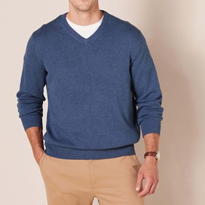 <b>Men's</b> <b>V</b>-<b>Neck</b> Knitted Pullover <b>Sweater</b> Solid Blue Regular Fit Casual Autumn Wear 100% Cotton Breathable Long Sleeve - Product Image 4