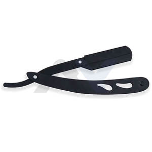 Rasoir droit professionnel en acier inoxydable massif avec logo personnalisé, finition noire, lame apparente, pour barbier et salon, outil de façonnage de barbe - Product Image 4