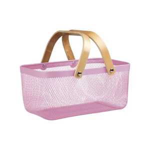 2 Tier Metal Fruit <b>Basket</b> Stand with Wooden Handle Rectangular Wire Mesh Bread <b>Vegetable</b> <b>Storage</b> Rack for Kitchen Countertop - Product Image 3