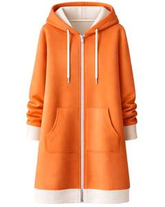 Sudadera con capucha larga naranja para mujer, abrigo de invierno con forro polar y bolsillos tipo canguro, ropa casual cálida, fabricación OEM personalizada - Product Image 1
