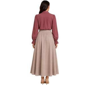 Rosewood and Light Taupe <b>Women</b> Embroidered Blouse and Maxi Skirt Set Long Sleeve Button Up High Waist Modest Two Piece Outfit - Product Image 2
