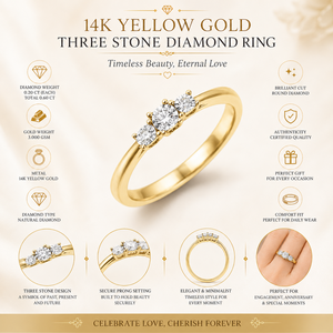 Anillo de Compromiso de Oro Amarillo de 14K con Tres Diamantes |   Anillo de Diamantes Redondos Brillantes Naturales para Mujer, Regalo de Aniversario o Boda - Product Image 5