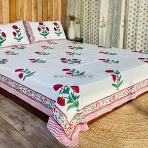 Juego de Sábanas con Estampado Artesanal Sanganeri de la India, Sábanas con Funda de Almohada - Product Image 2