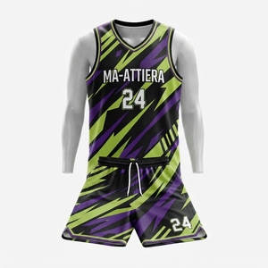 Ensemble de maillot et short de basket-ball personnalisé avec motif éclair noir, vert et violet, uniforme de sport respirant - Product Image 3