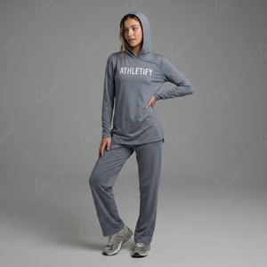 Ensemble de survêtement islamique modeste sur mesure avec tunique longue à capuche et pantalon pour femme, vêtements de sport, vente en gros, fournisseur d'usine, OEM - Product Image 1