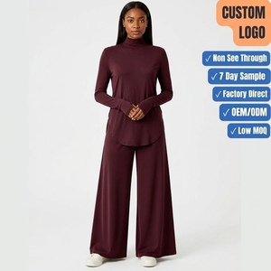 Custom Thumbhole High Neck Brushed Warm Stretch Winter <b>Modest</b> <b>Loungewear</b> Top Wide Leg Set Factory Wholesale - Product Image 1