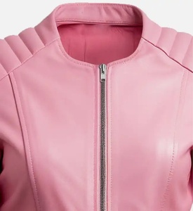 Chaqueta de moto acolchada de cuero de oveja auténtico rosa para mujer, cortavientos, manga larga, cuello alto, cierre de cremallera, longitud regular, color liso - Product Image 3
