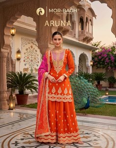 <b>Womens</b> Premium Chinnon Silk <b>Top</b> Palazzo Dupatta Set Digital Print Free Size Stitched Ethnic Festive Wedding Party Wear Outfit - Product Image 2