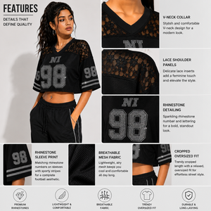 Premium Sparkly <b>Cropped</b> Mesh Varsity Custom <b>Rhinestone</b> Letter Football Jersey Drop Shoulder Women Streetwear <b>Top</b> - Product Image 3