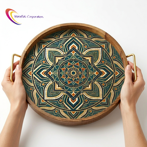 Round Wood <b>Tray</b> with Metal Handles Abstract Design Decorative Serving <b>Tray</b> Platter for Home Decor Wholesale Wedding Gift <b>Trays</b> - Product Image 4