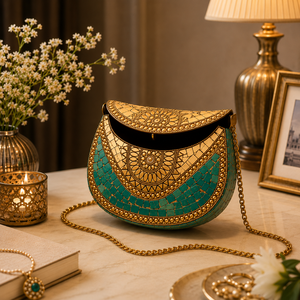Bolso de mano artesanal de metal con mosaico de piedra |   Bolso bandolera étnico decorativo con correa de cadena |   Bolso de mano de noche hecho a mano por diseñador para mujer - Product Image 6