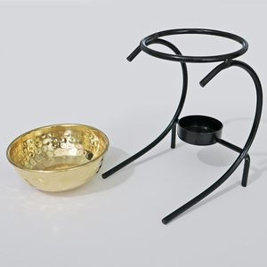 Handmade Brass Bowl Oil Burner with Black Metal Stand and <b>Tealight</b> Candle <b>Holder</b> Decorative Aromatherapy Wax Warmer - Product Image 3