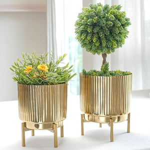 Fluted Metal Indoor Planters with Stands, Golden - Set of 2 Metal planter <b>pot</b> in Golden – for potted plants & <b>succulents</b> planter - Product Image 3