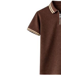 Manufacturer <b>Brown</b> <b>Mens</b> Quarter Zip Polo <b>Shirt</b> Short Sleeve Rib Collar Casual Summer Wear Cotton Blend Custom Manufacturer - Product Image 2