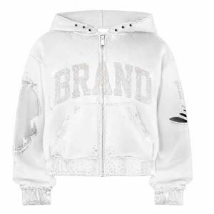 Sweat à capuche blanc oversize zippé avec imprimé de marque, coupe courte, unisexe, pour l'automne, en molleton bouclette, avec strass, pour hommes, en promotion - Product Image 1