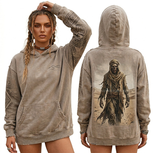 Sweat à capuche personnalisé délavé à l'acide, style vintage oversize streetwear pour femme, en molleton épais avec motif squelette de chevalier - Product Image 6