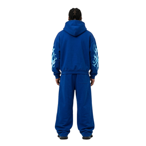 ชุดวอร์มผ้าฝ้ายฟลีซสีกรมท่าพิมพ์ลายกราฟิกคลื่นสีน้ำเงินแบบกำหนดเอง พร้อมซิปด้านบนและลายกราฟิกโค้งด้านข้าง - Product Image 2