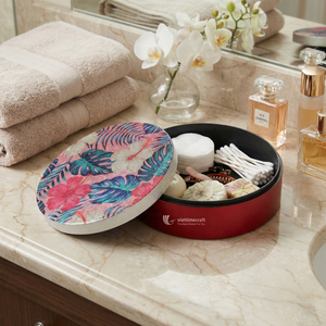 Boîte de rangement ronde à motif tropical avec finition laquée, boîte à bijoux décorative de luxe pour bagues, montres et articles de toilette - Product Image 4