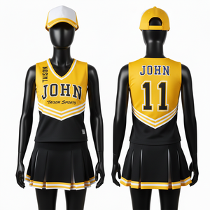 Maillot de cheerleading pour femmes en polyester GSM Interlock jaune, noir et blanc avec logo personnalisé par sublimation - Product Image 1