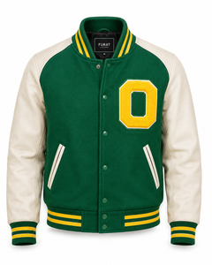 Green Letterman <b>Leather</b> Bomber Varsity College Baseball <b>Jacket</b> Windproof Breathable Winter Zipper Closure Casual Stand <b>Men's</b> - Product Image 3