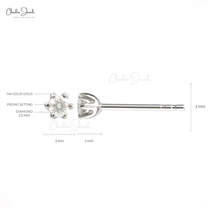 Boucles d'oreilles clous en or blanc massif 14 carats avec diamants G-H ronds de 2,5 mm, fabrication asiatique, livraison gratuite - Product Image 6